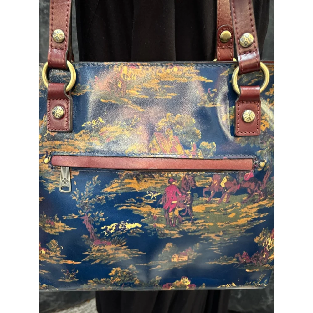 Patricia Nash Navy Tote with Brown Leather Handles and Scenic Gold & Pink Print - Picture 3 of 15